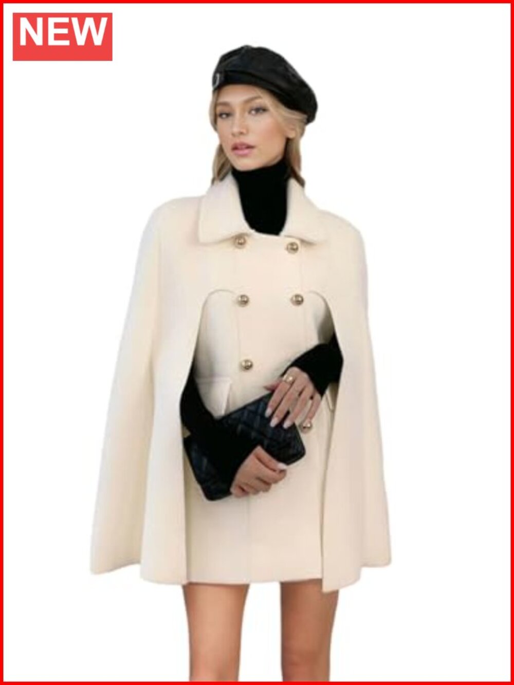 Women's Wool Blend Cape Peacoat Double-Breasted Poncho Coat